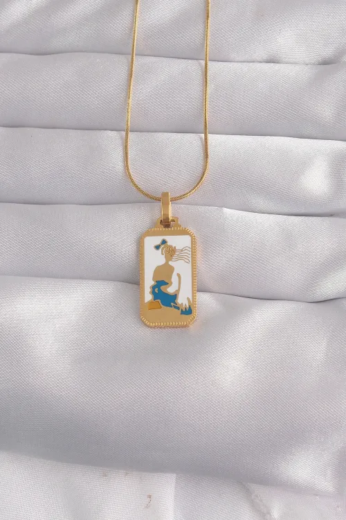 ietaks™ 316L Çelik Gold Renk Beyaz Mineli Kız Figür Tarot Kolye