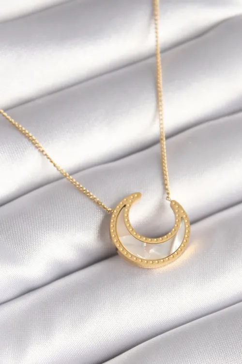 ietaks™ 316L Çelik Gold Renk Beyaz Sedefli Hilal Model Kadın Kolye