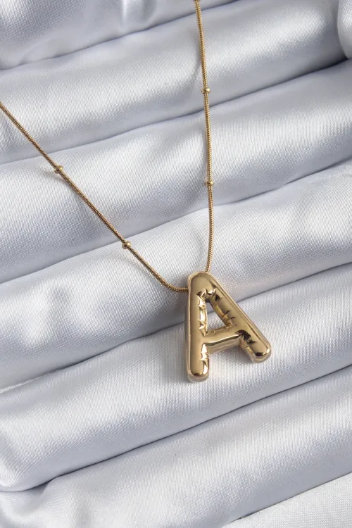 316L Çelik Gold Renk Bubble A Harf Model Kadın Kolye TJ-BKO7946