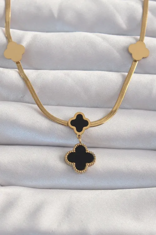 ietaks™ 316L Çelik Gold Renk İtalyan Zincirli Mineli Yonca Kolye