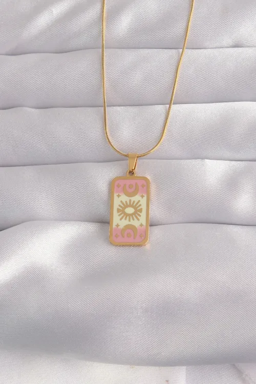 ietaks™ 316L Çelik Gold Renk Karışık Mineli Ay Figür Tarot Kolye