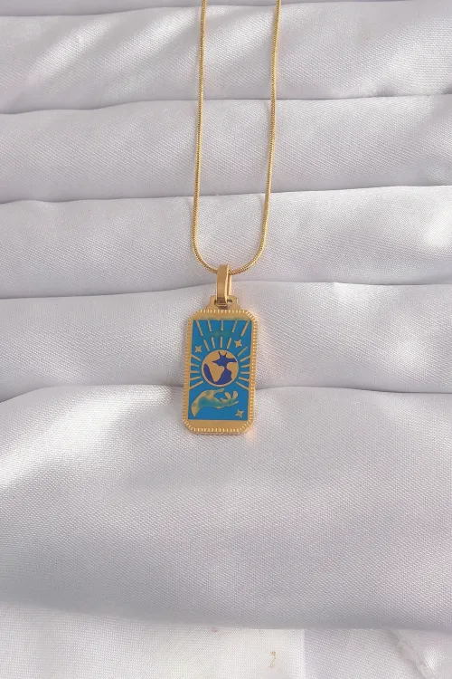 ietaks™ 316L Çelik Gold Renk Mavi Mineli El Figür Tarot Kolye