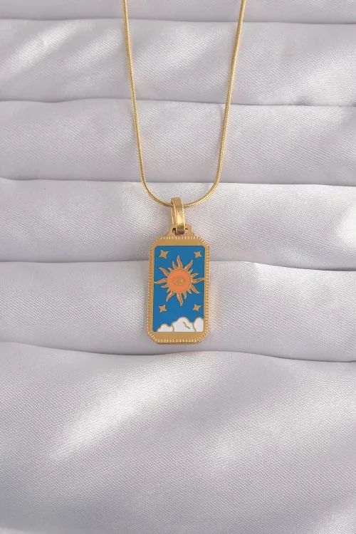ietaks™ 316L Çelik Gold Renk Mavi Mineli Güneş Model Tarot Kolye