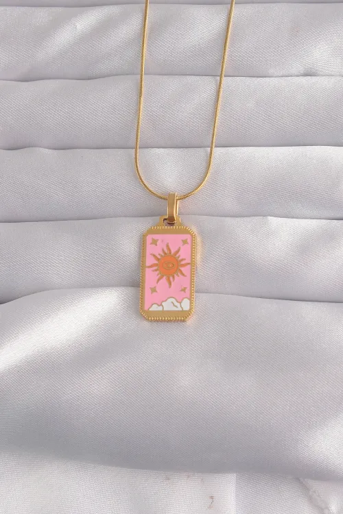 ietaks™ 316L Çelik Gold Renk Pembe Mineli Güneş Model Tarot Kolye