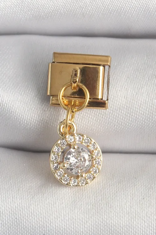 ietaks™ 316L Çelik Gold Renk Sallantı Daire Zirkon Taşlı Nomination Charm