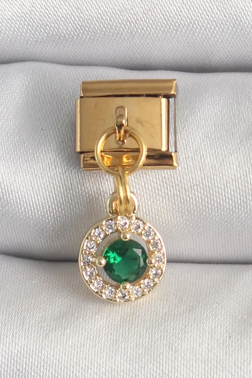 ietaks™ 316L Çelik Gold Renk Sallantı Yeşil Zirkon Taşlı Nomination Charm