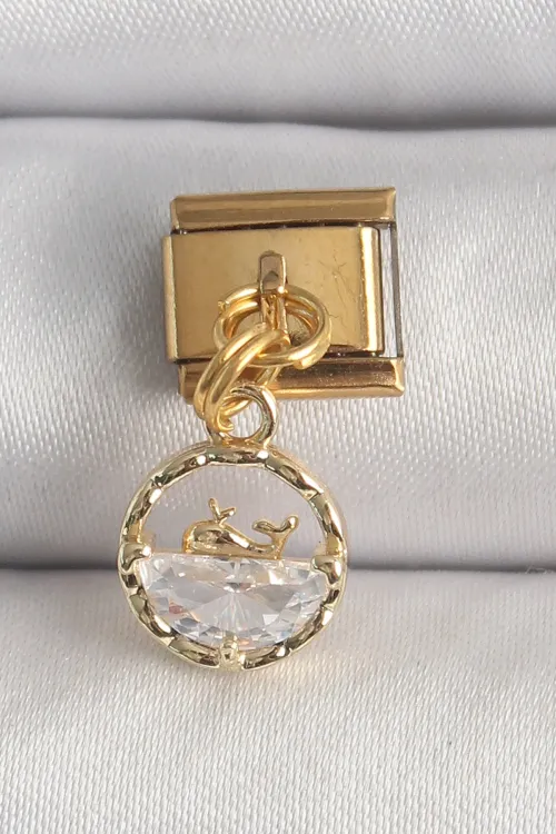 ietaks™ 316L Çelik Gold Renk Sallantı Zirkon Taşlı Balina Model Nomination Charm