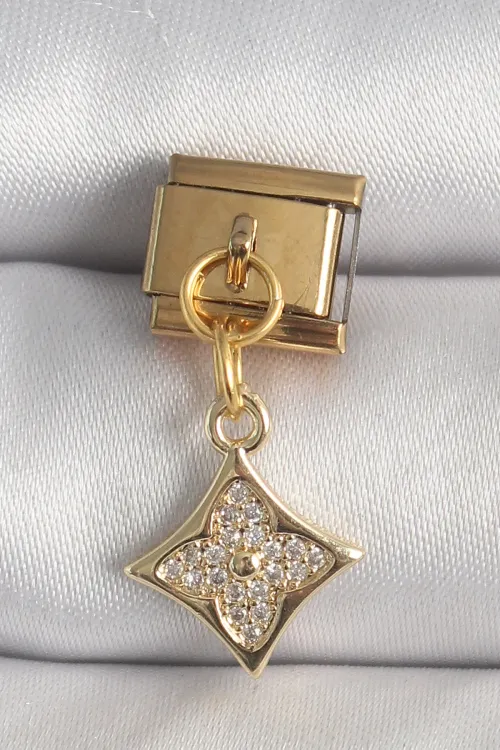ietaks™ 316L Çelik Gold Renk Sallantı Zirkon Taşlı Çiçek İşlemeli Nomination Charm