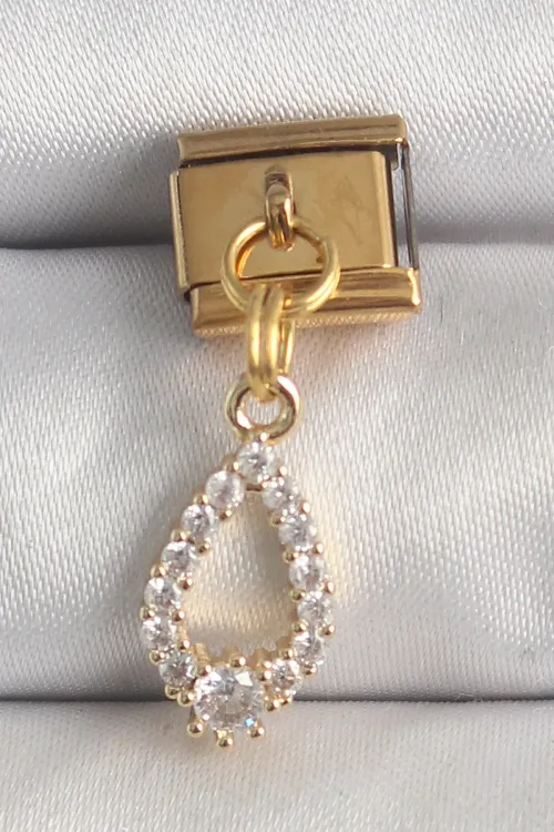 ietaks™ 316L Çelik Gold Renk Sallantı Zirkon Taşlı Damla Model Nomination Charm