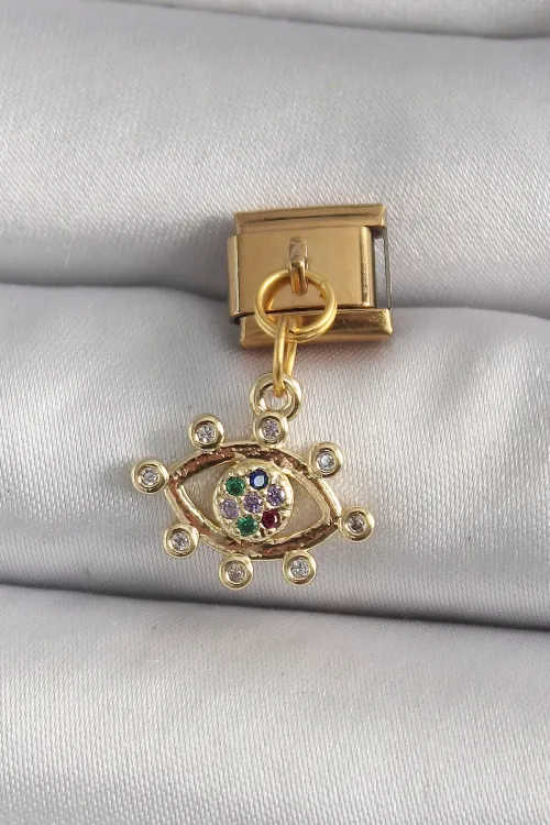 ietaks™ 316L Çelik Gold Renk Sallantı Zirkon Taşlı Göz Model Nomination Charm