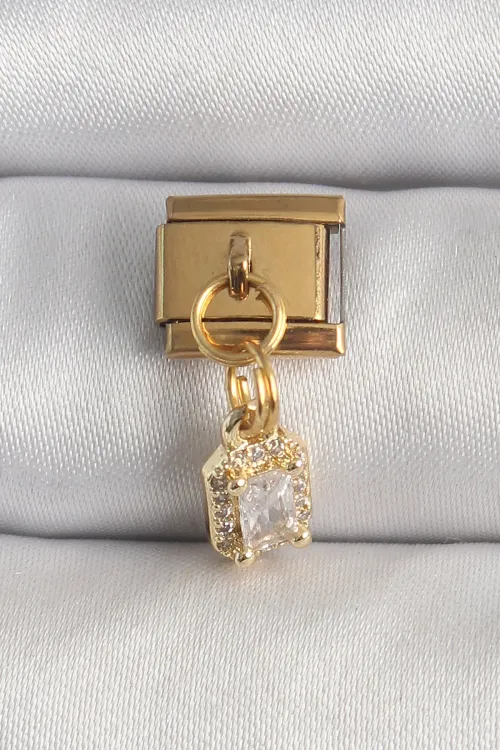 ietaks™ 316L Çelik Gold Renk Sallantı Zirkon Taşlı Kare Model Nomination Charm