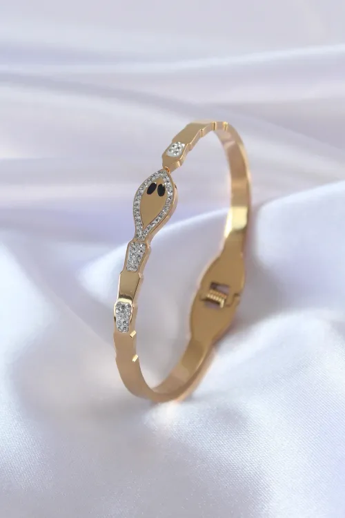 316L Çelik Gold Renk Yılan Model Zirkon Taş Detay Kadın Kelepçe