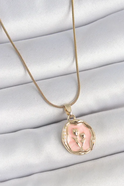 ietaks™ 316L Çelik Gold Renk Zincir Pembe Mineli Çiçek İşlemeli Portre Model Kadın Kolye