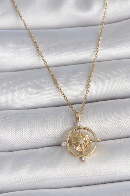 ietaks™ 316L Çelik Gold Renk Zincir Zirkon Taşlı Pusula Model Kadın Kolye