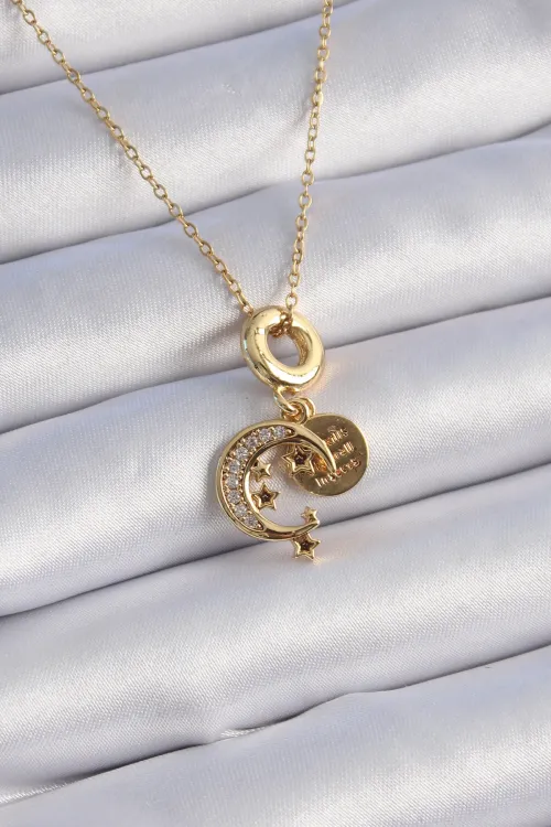 ietaks™ 316L Çelik Gold Renk Zirkon Taşlı Ay Yıldız  Model Charm Model Kadın Kolye
