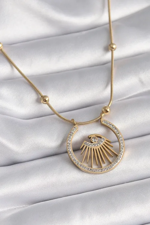 ietaks™ 316L Çelik Gold Renk Zirkon Taşlı Göz Model Kadın Kolye