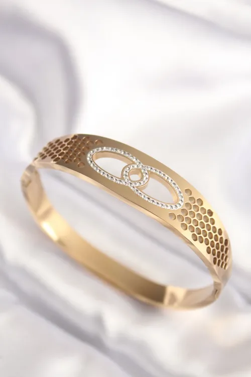 ietaks™ 316L Çelik Gold Renk Zirkon Taşlı Kadın Kelepçe Bilezik