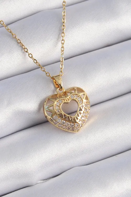 ietaks™ 316L Çelik Gold Renk Zirkon Taşlı Kalp Model Vintage Kadın Kolye