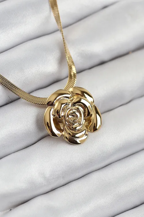 ietaks™ 316L Çelik Gül Figürlü İtalyan Zincir Model Gold Renk Kadın Kolye
