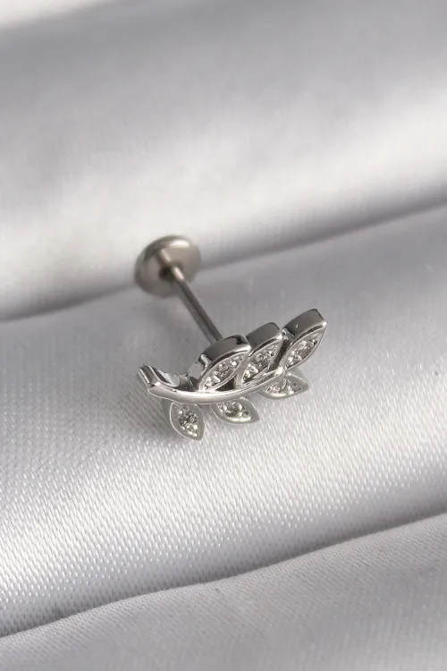ietaks™ 316L Çelik Gümüş Renk Dal Model Zirkon Taş Detaylı Tragus Piercing