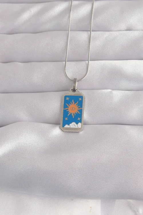 ietaks™ 316L Çelik Gümüş Renk Mavi Mineli Güneş Model Tarot Kolye