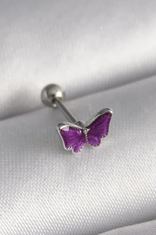 ietaks™ 316L Çelik Gümüş Renk Mor Kelebek Model Tragus Piercing
