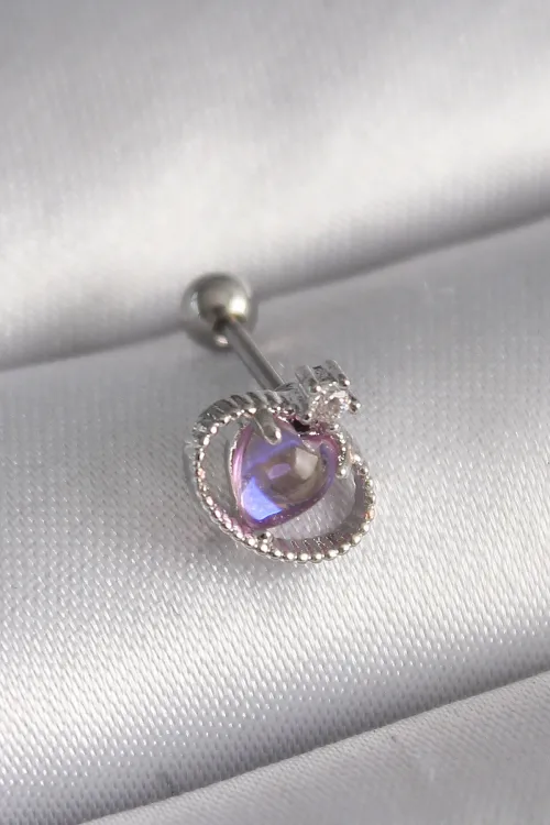 ietaks™ 316L Çelik Gümüş Renk Mor Mineli Kalp Zirkon Taş Detay Tragus Piercing