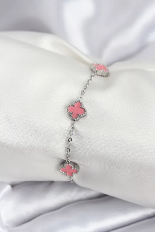 ietaks™ 316L Çelik Gümüş Renk Pembe Baby Boy Yonca Kadın Bileklik