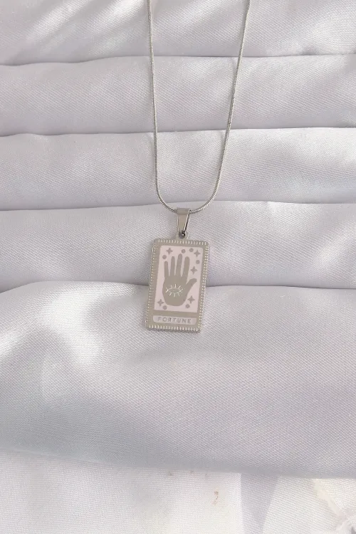 ietaks™ 316L Çelik Gümüş Renk Pembe Mineli El Figür Tarot Kolye