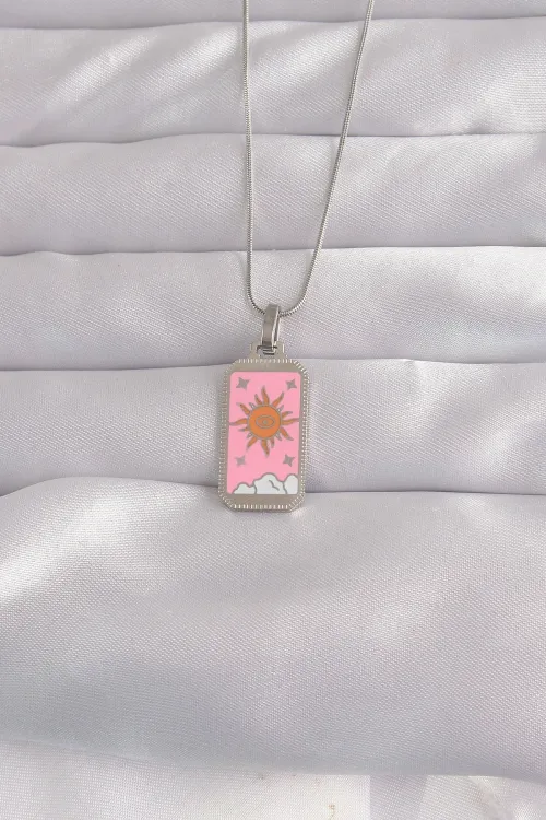 ietaks™ 316L Çelik Gümüş Renk Pembe Mineli Güneş Model Tarot Kolye