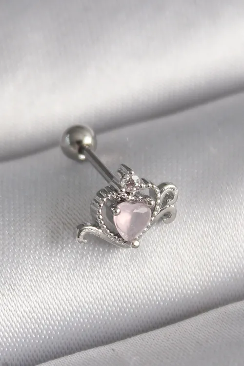 ietaks™ 316L Çelik Gümüş Renk Pembe Mineli Kalp Zirkon Taş Detay Tragus Piercing