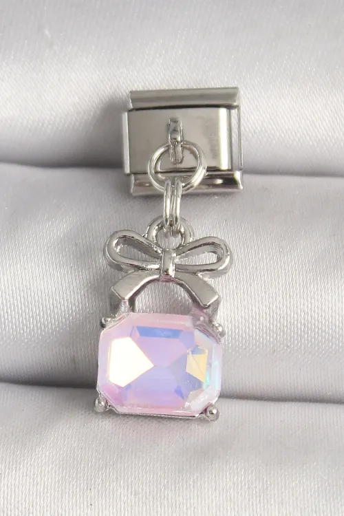 ietaks™ 316L Çelik Gümüş Renk Pembe Zirkon Taşlı Çanta Model Nomination Charm