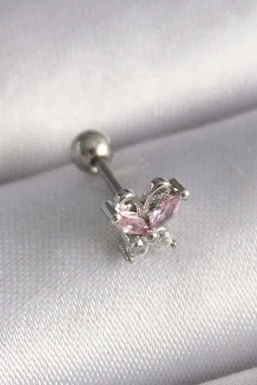 ietaks™ 316L Çelik Gümüş Renk Pembe Zirkon Taşlı Kelebek Tragus Piercing