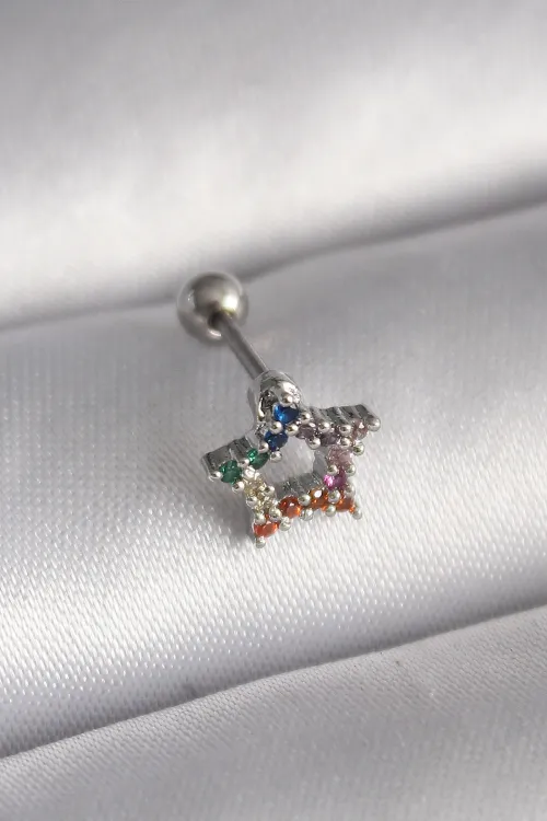 ietaks™ 316L Çelik Gümüş Renk Renkli Zirkon Taşlı Yıldız Model Tragus Piercing