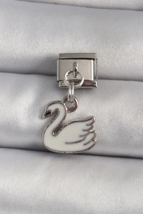 ietaks™ 316L Çelik Gümüş Renk Sallantı Beyaz Kuğu Model Nomination Charm