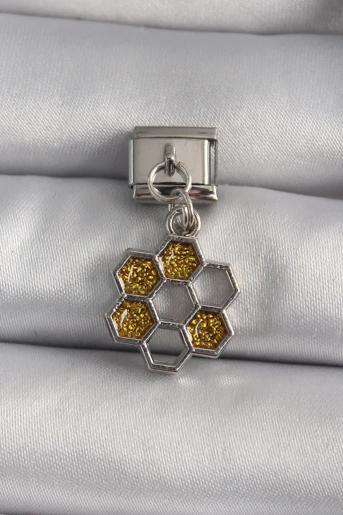 ietaks™ 316L Çelik Gümüş Renk Sallantı Simli Bal Beteği Model Nomination Charm