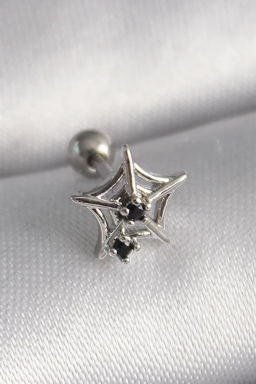 ietaks™ 316L Çelik Gümüş Renk Siyah Zirkon Taş Detay Örümcek Ağ Model Tragus Piercing