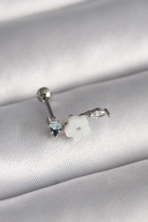 ietaks™ 316L Çelik Gümüş Renk Zirkon Taş Detay Beyaz Çiçek Model Tragus Piercing