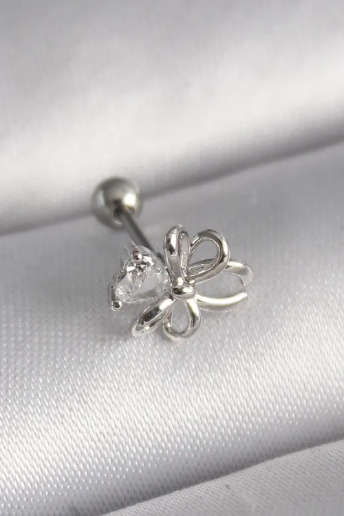 ietaks™ 316L Çelik Gümüş Renk Zirkon Taş Detay Kurdele Model Tragus Piercing