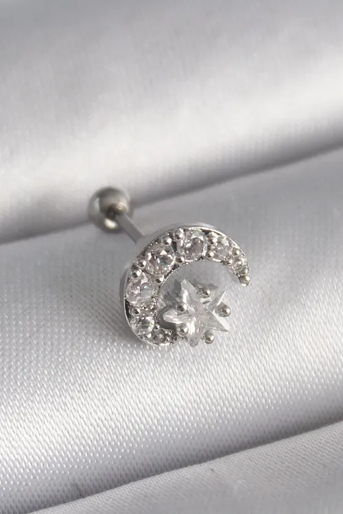 ietaks™ 316L Çelik Gümüş Renk Zirkon Taşlı Ay Yıldız Tragus Piercing