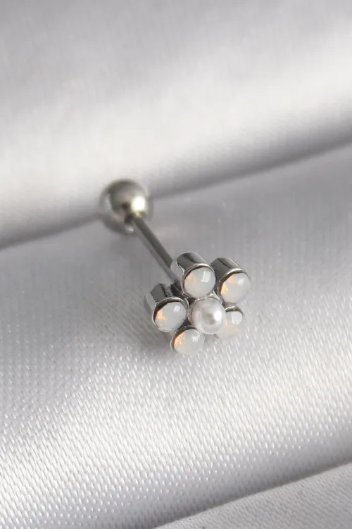 ietaks™ 316L Çelik Gümüş Renk Zirkon Taşlı Çiçek Model Tragus Piercing