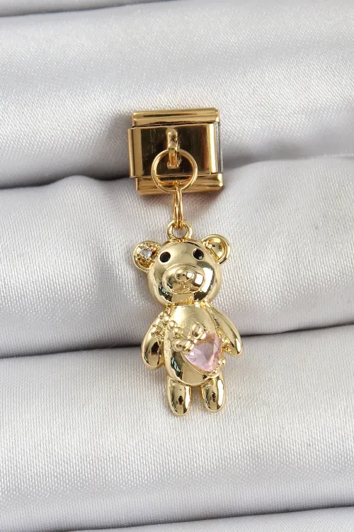 ietaks™ 316L Çelik Sallantılı Zirkon Taşlı Ayıcık Model Gold Renk Nomination Charm