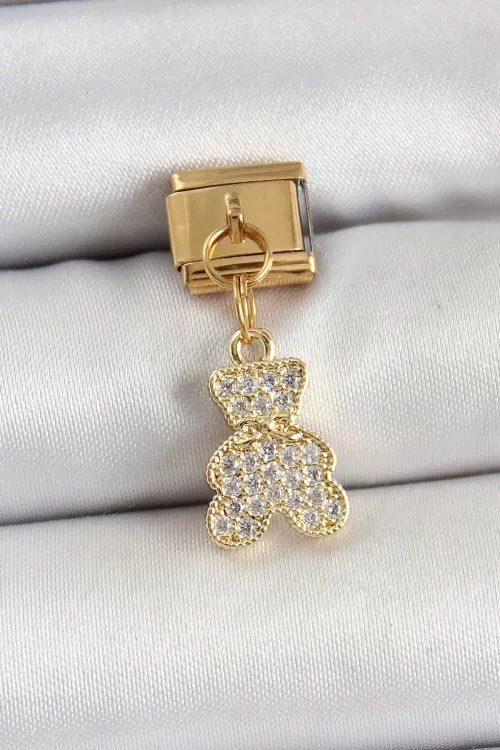 316L Çelik Sallantılı Zirkon Taşlı Ayıcık Model Gold Renk Nomination Charm