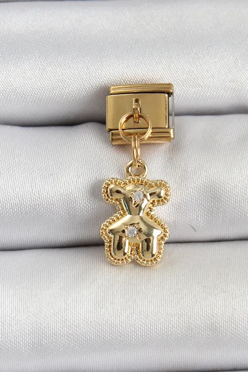 ietaks™ 316L Çelik Sallantılı Zirkon Taşlı Ayıcık Model Gold Renk Nomination Charm