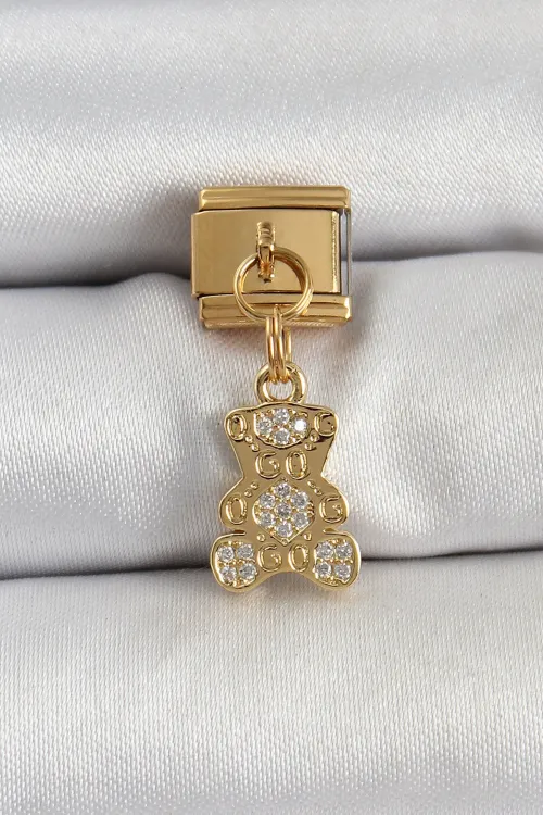 ietaks™ 316L Çelik Sallantılı Zirkon Taşlı Ayıcık Model Gold Renk Nomination Charm