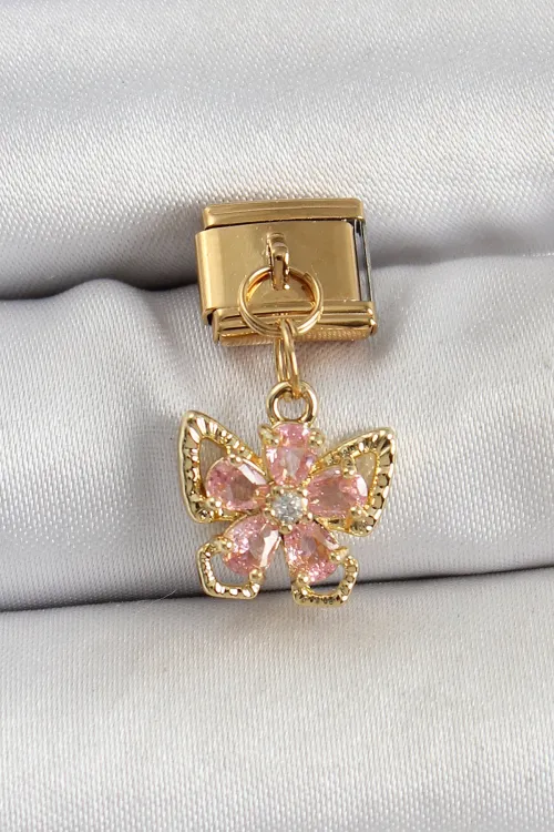 316L Çelik Sallantılı Zirkon Taşlı Çiçek Figürlü Kelebek Model Gold Renk Nomination Charm