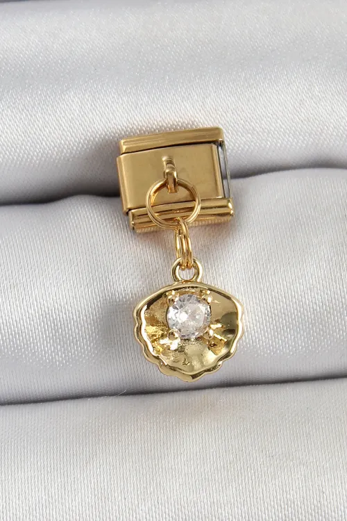ietaks™ 316L Çelik Sallantılı Zirkon Taşlı İstiridye Model Gold Renk Nomination Charm