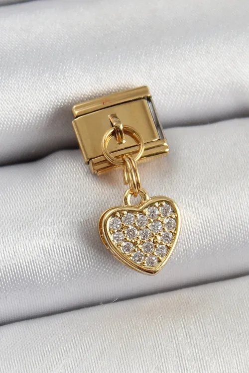 ietaks™ 316L Çelik Sallantılı Zirkon Taşlı Kalp Model Gold Renk Nomination Charm