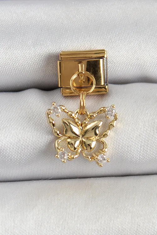 ietaks™ 316L Çelik Sallantılı Zirkon Taşlı Kelebek Model Gold Renk Nomination Charm