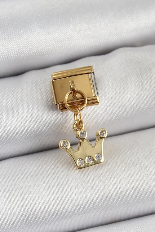 ietaks™ 316L Çelik Sallantılı Zirkon Taşlı Kraliçe Tacı Model Gold Renk Nomination Charm